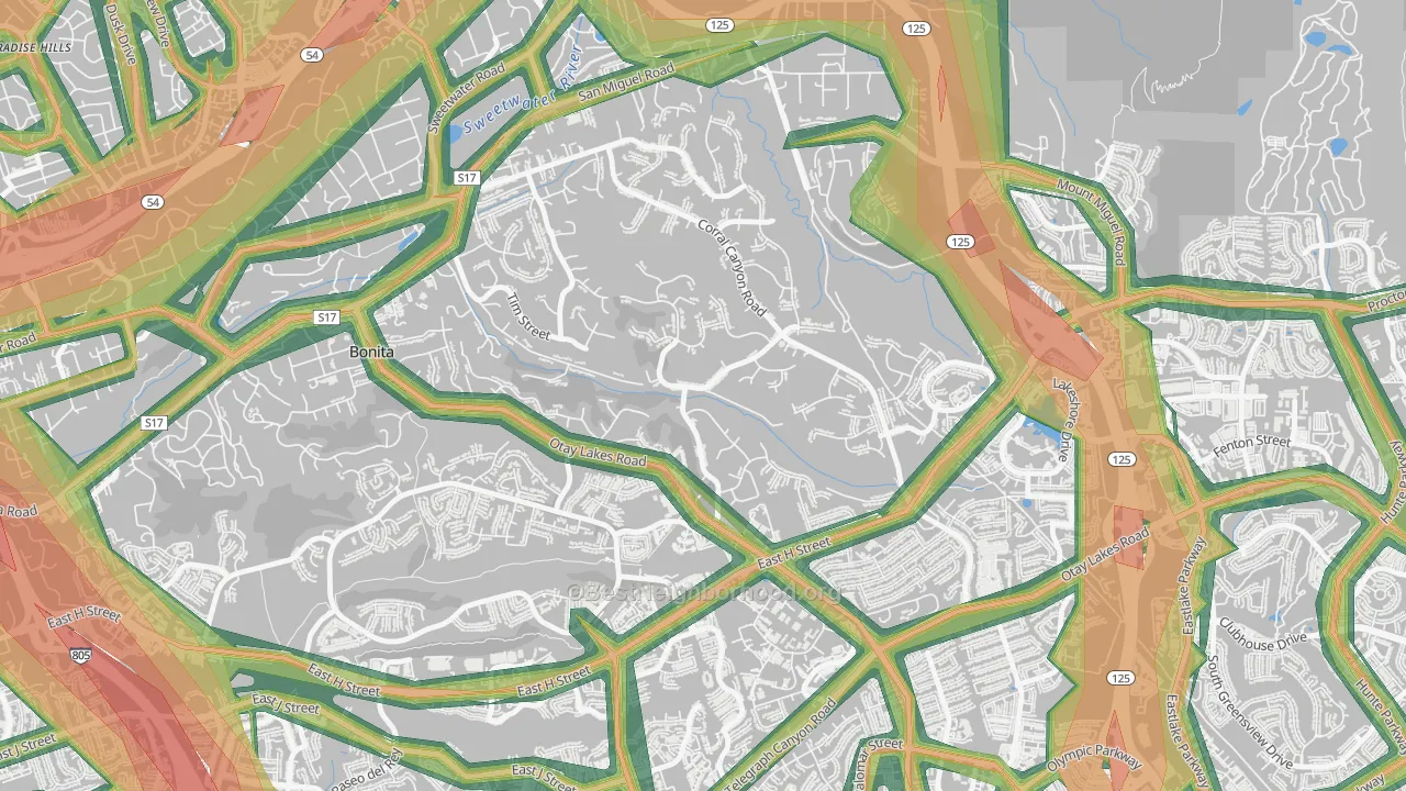Bonita Long Canyon, Bonita, CA Map of Noise Levels in Bonita Long Canyon