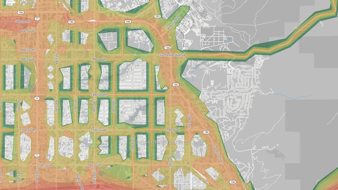 Bonneville Hills, Salt Lake City, UT Map of Noise Levels in Bonneville Hills