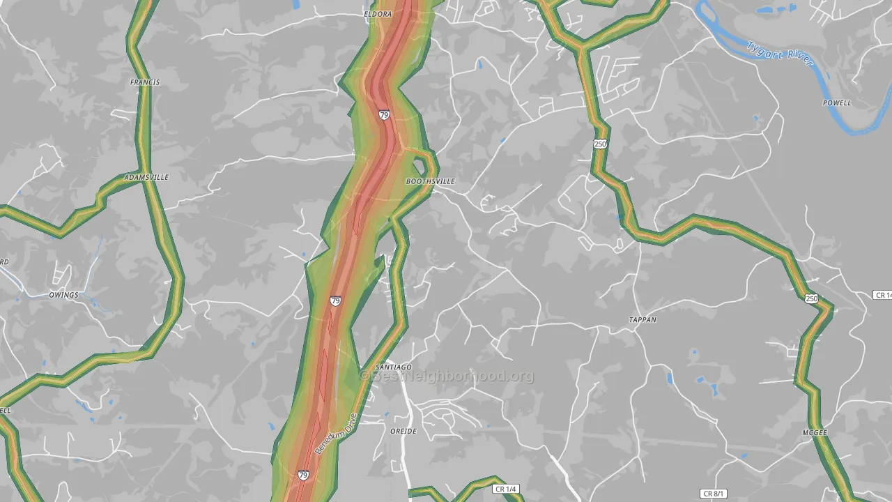 Boothsville, WV Map of Noise Levels in Boothsville