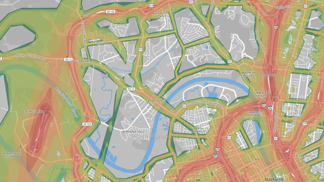 Bordeaux, Nashville, TN Map of Noise Levels in Bordeaux