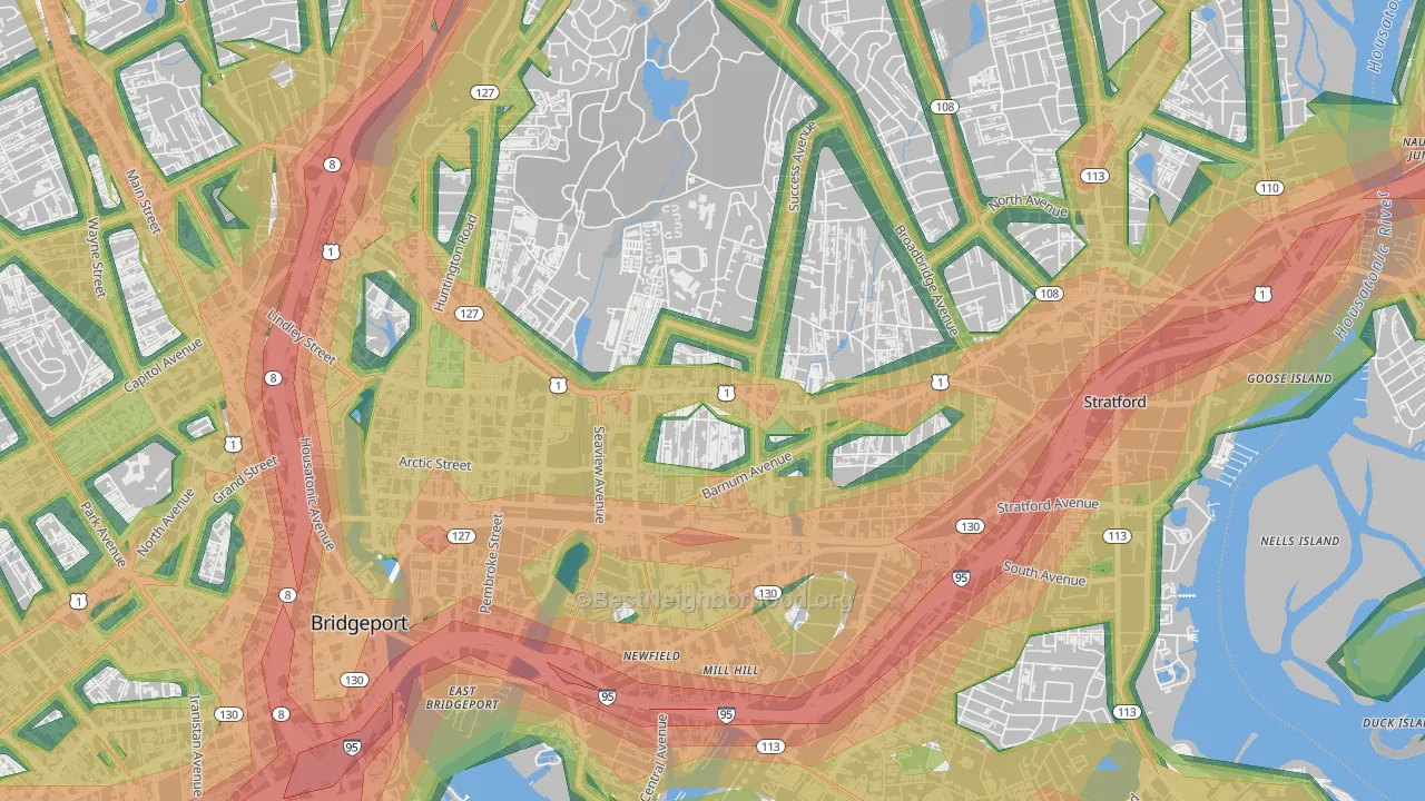 Boston Avenue-Mill Hill, Bridgeport, CT Map of Noise Levels in Boston Avenue-Mill Hill