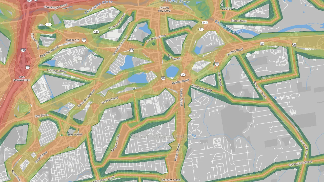 Boston Road, Springfield, MA Map of Noise Levels in Boston Road