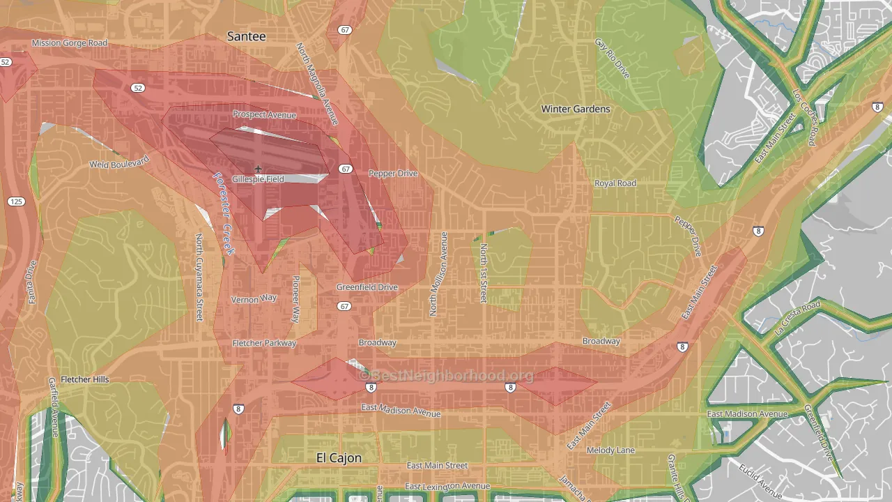 Bostonia, CA Map of Noise Levels in Bostonia