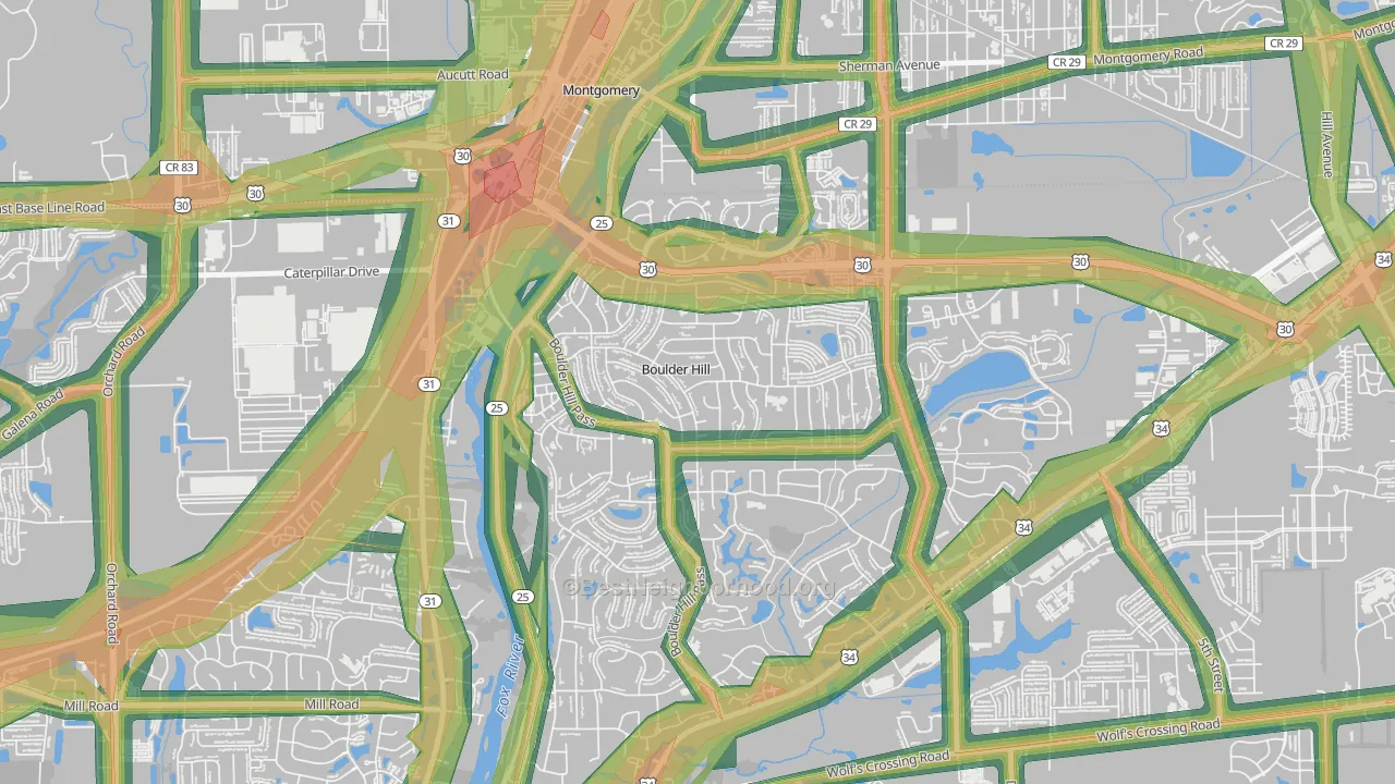Boulder Hill, IL Map of Noise Levels in Boulder Hill