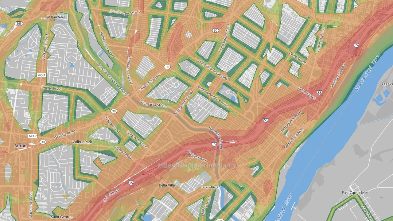 Boulevard Heights, St. Louis, MO Map of Noise Levels in Boulevard Heights