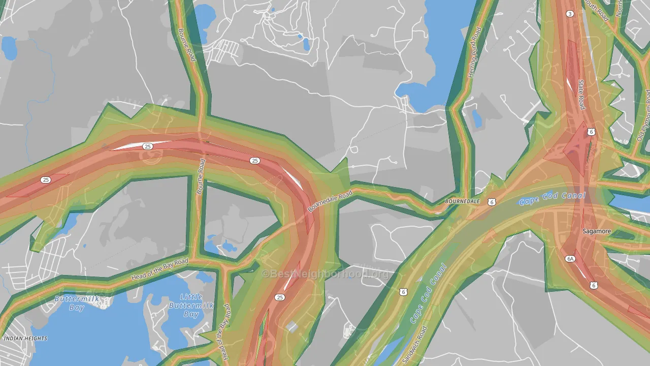 Bournedale, MA Map of Noise Levels in Bournedale