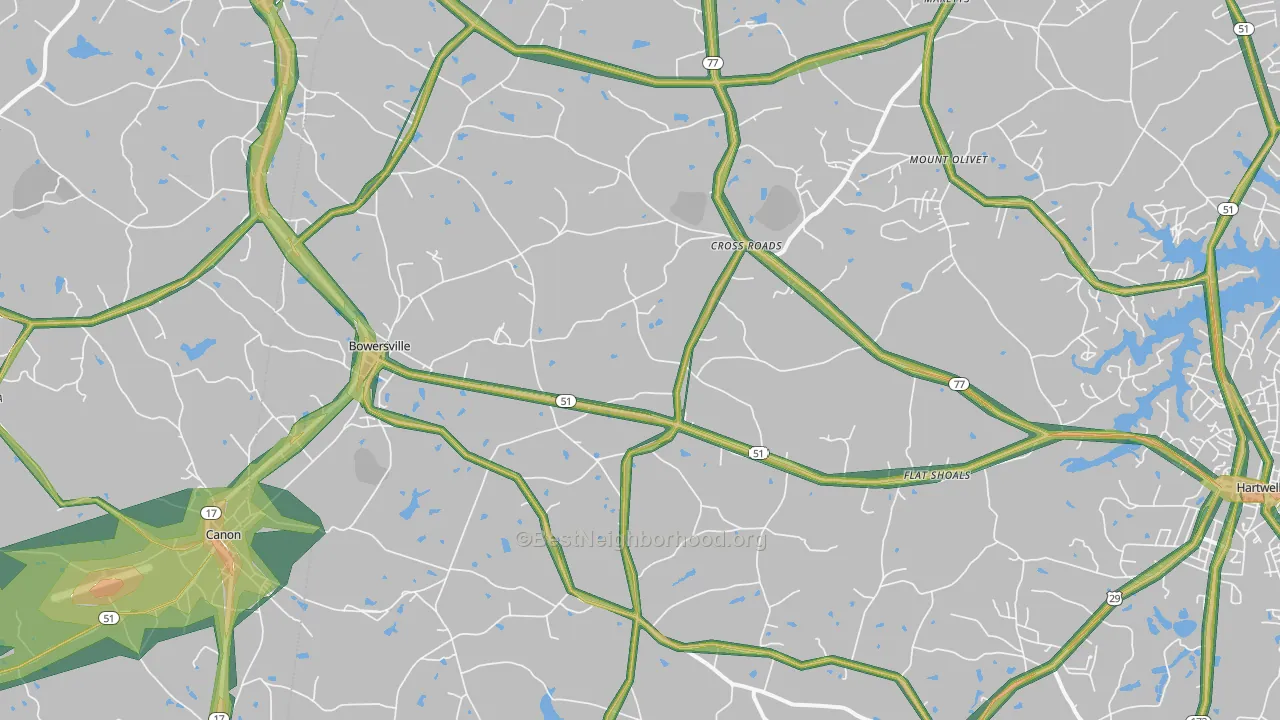 Bowersville, GA Map of Noise Levels in Bowersville