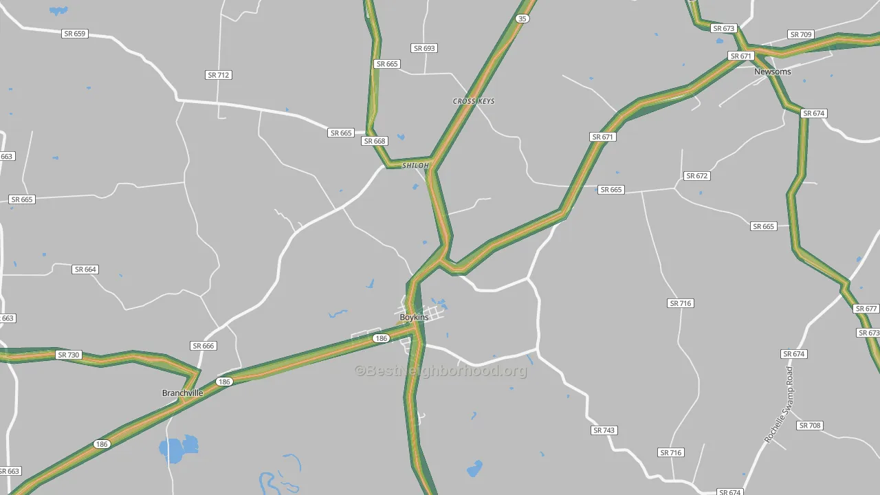 Boykins, VA Map of Noise Levels in Boykins
