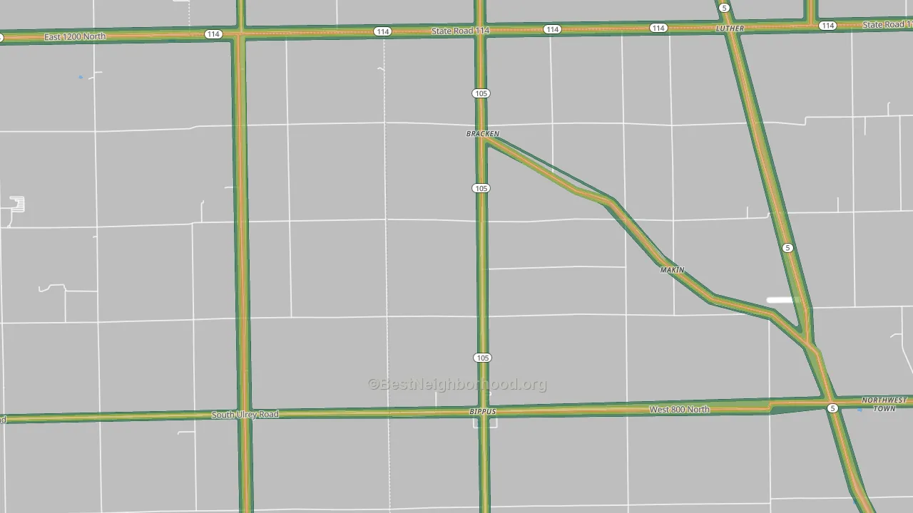 Bracken, IN Map of Noise Levels in Bracken