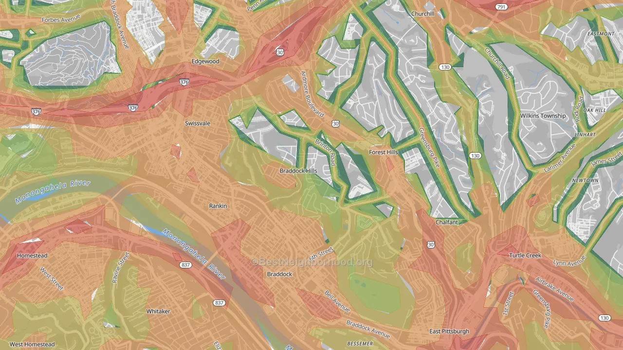 Braddock Hills, PA Map of Noise Levels in Braddock Hills