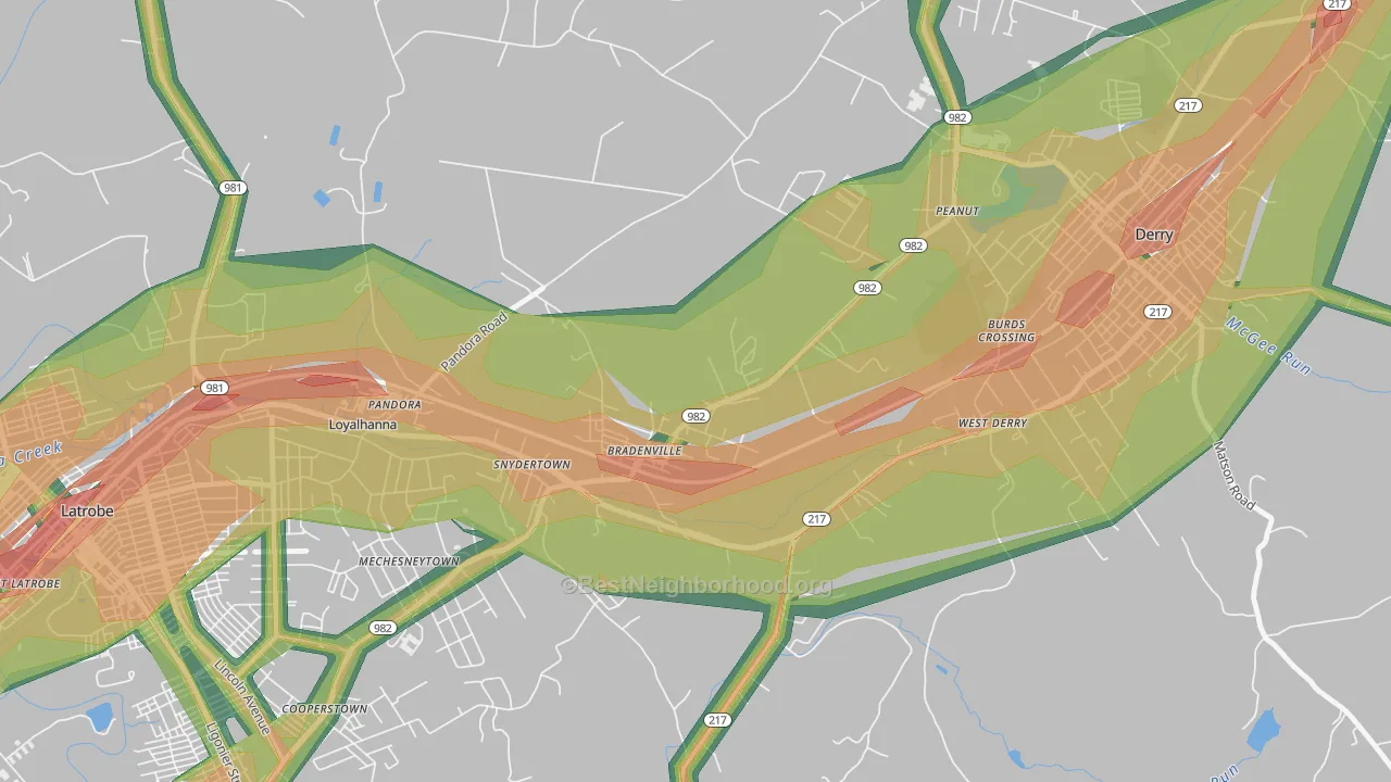 Bradenville, PA Map of Noise Levels in Bradenville