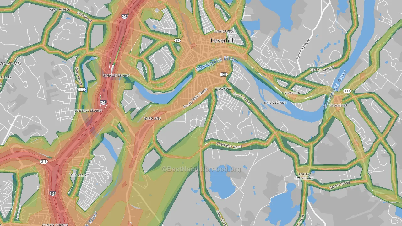 Bradford, Haverhill, MA Map of Noise Levels in Bradford