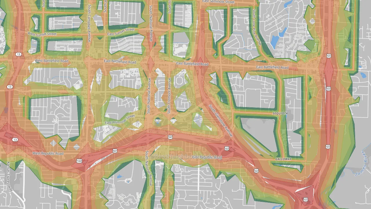 Bradford Park, Springfield, MO Map of Noise Levels in Bradford Park