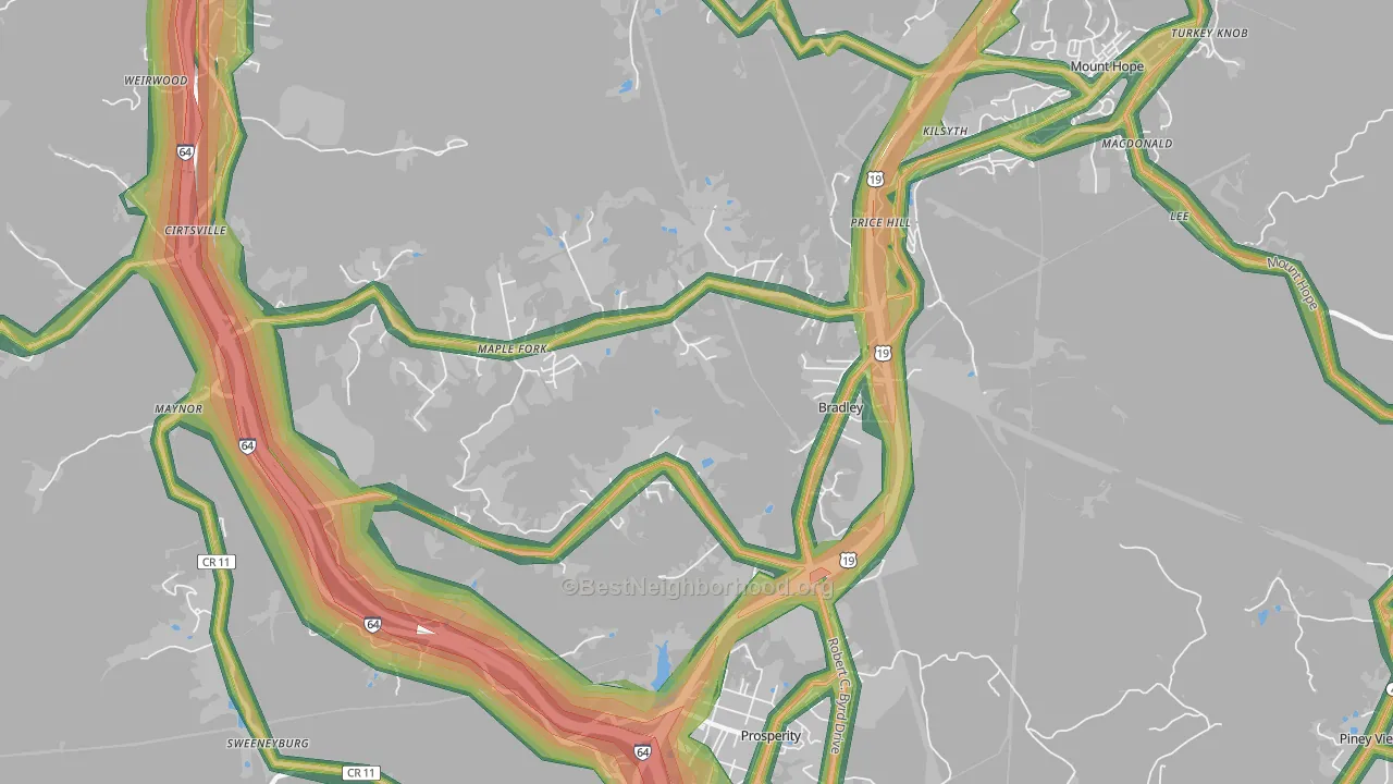 Bradley, WV Map of Noise Levels in Bradley