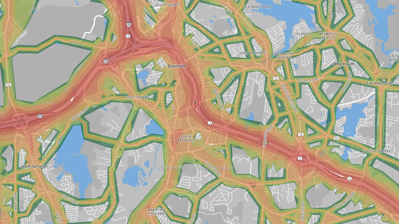 Braintree Town, MA Map of Noise Levels in Braintree Town