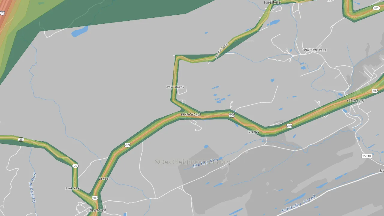 Branchdale, PA Map of Noise Levels in Branchdale