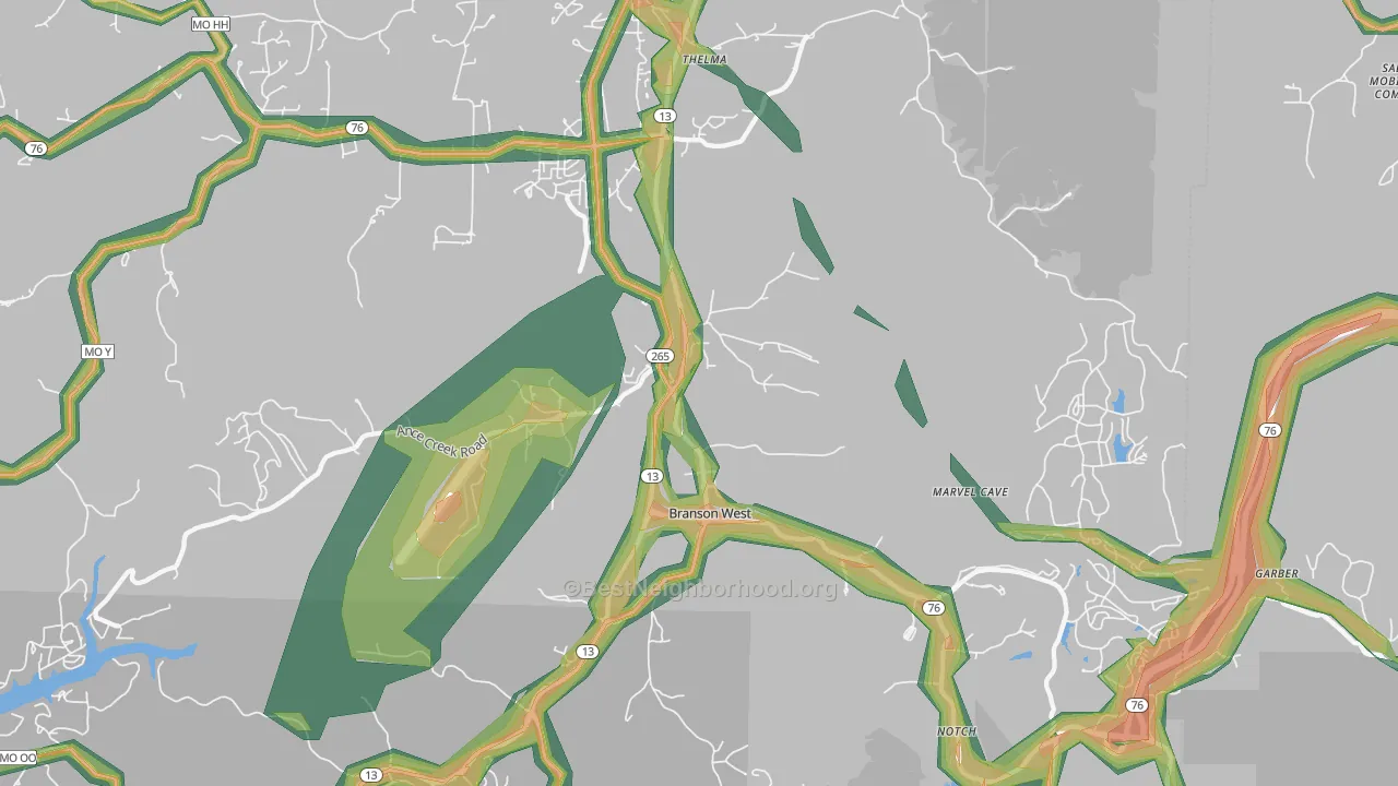 Branson West, MO Map of Noise Levels in Branson West