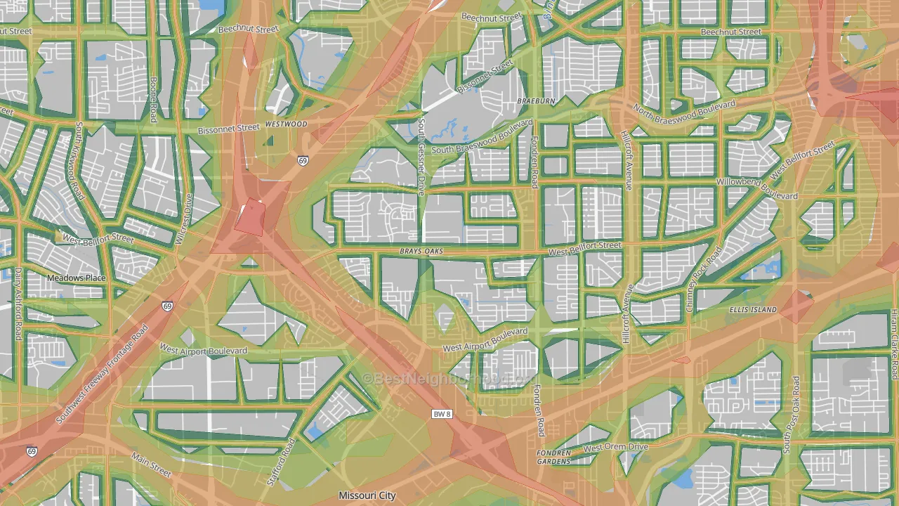 Brays Oaks, Houston, TX Map of Noise Levels in Brays Oaks