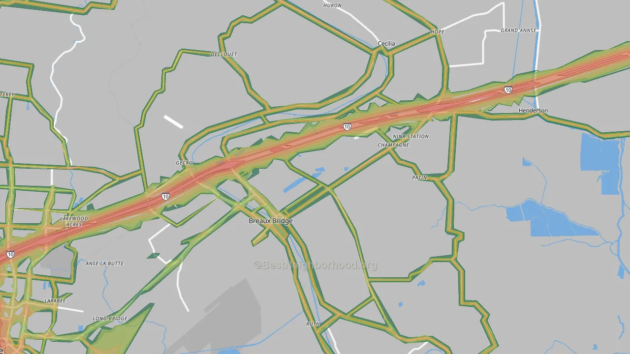 Breaux Bridge, LA Map of Noise Levels in Breaux Bridge