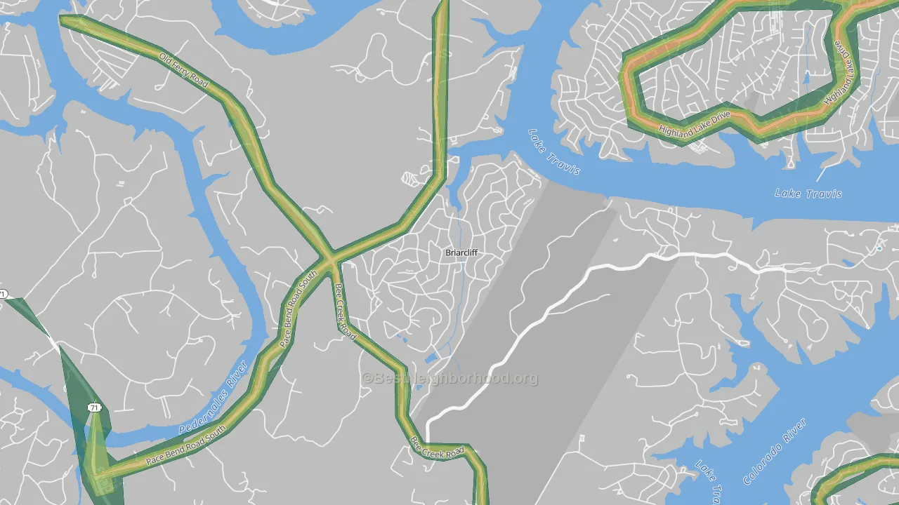 Briarcliff, TX Map of Noise Levels in Briarcliff