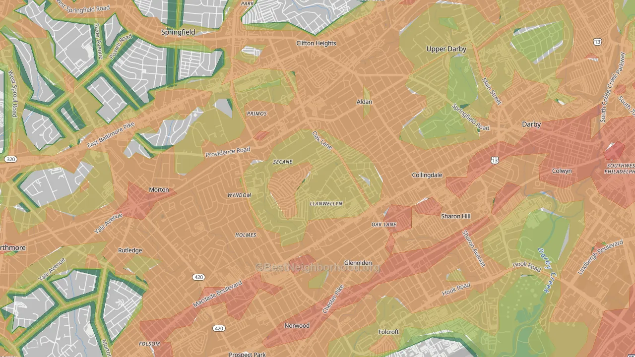Briarcliffe, Glenolden, PA Map of Noise Levels in Briarcliffe