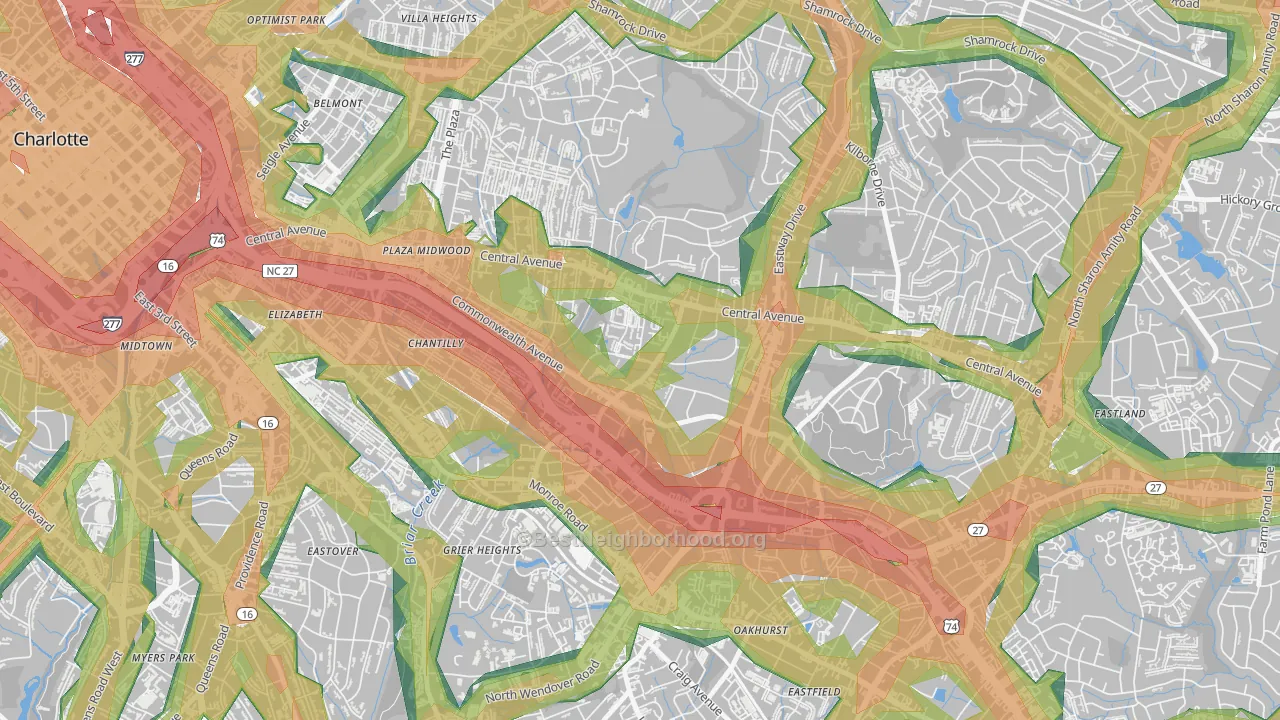 Briarcreek-Woodland, Charlotte, NC Map of Noise Levels in Briarcreek-Woodland
