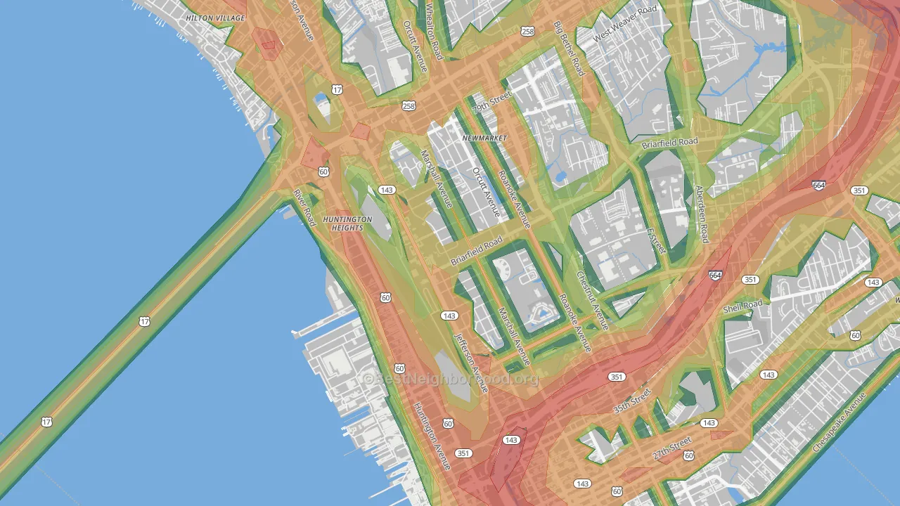 Briarfield, Newport News, VA Map of Noise Levels in Briarfield