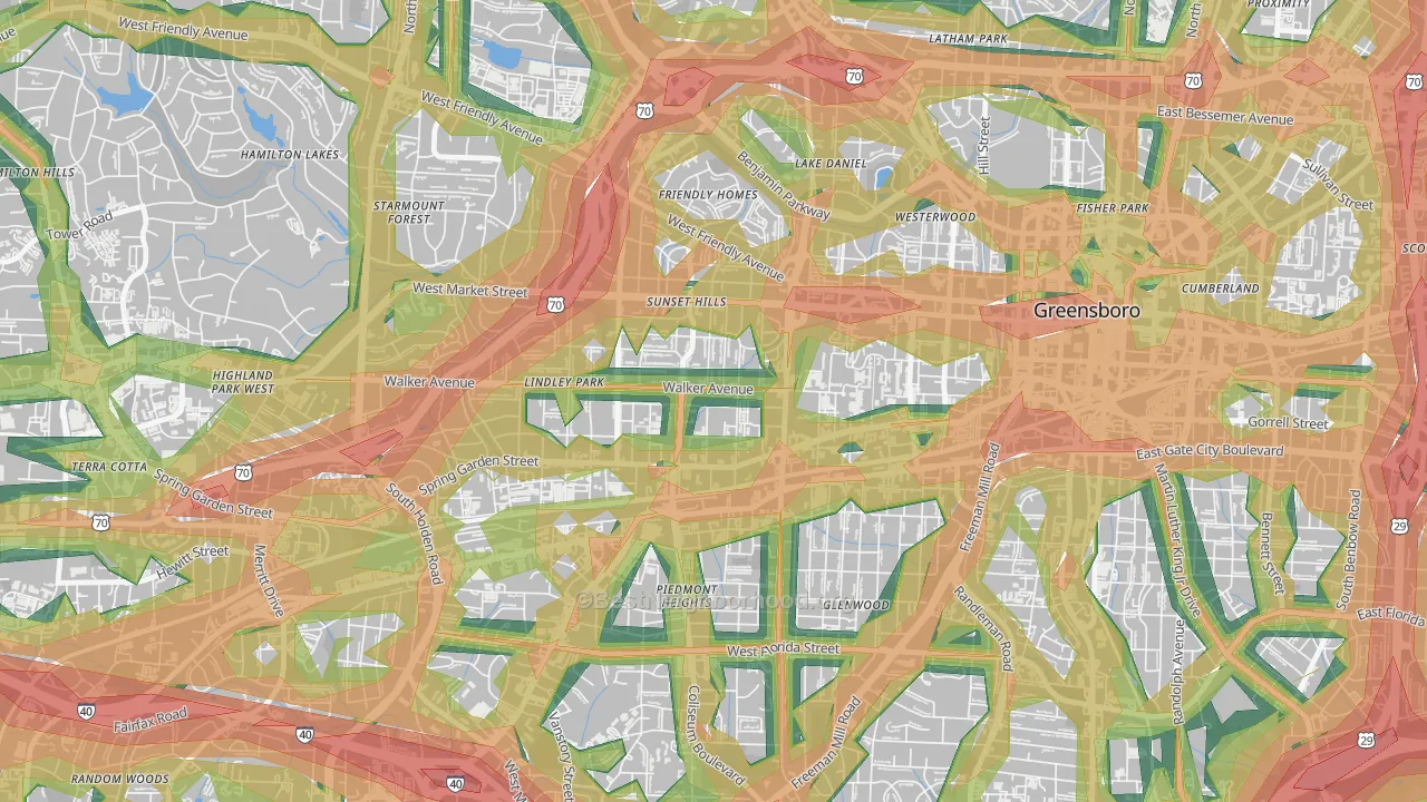 Brice Street Area, Greensboro, NC Map of Noise Levels in Brice Street Area