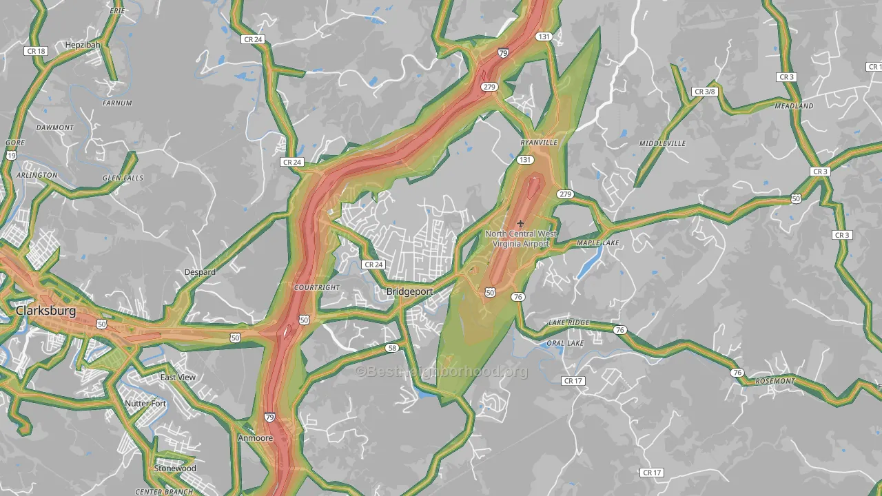 Bridgeport, WV Map of Noise Levels in Bridgeport