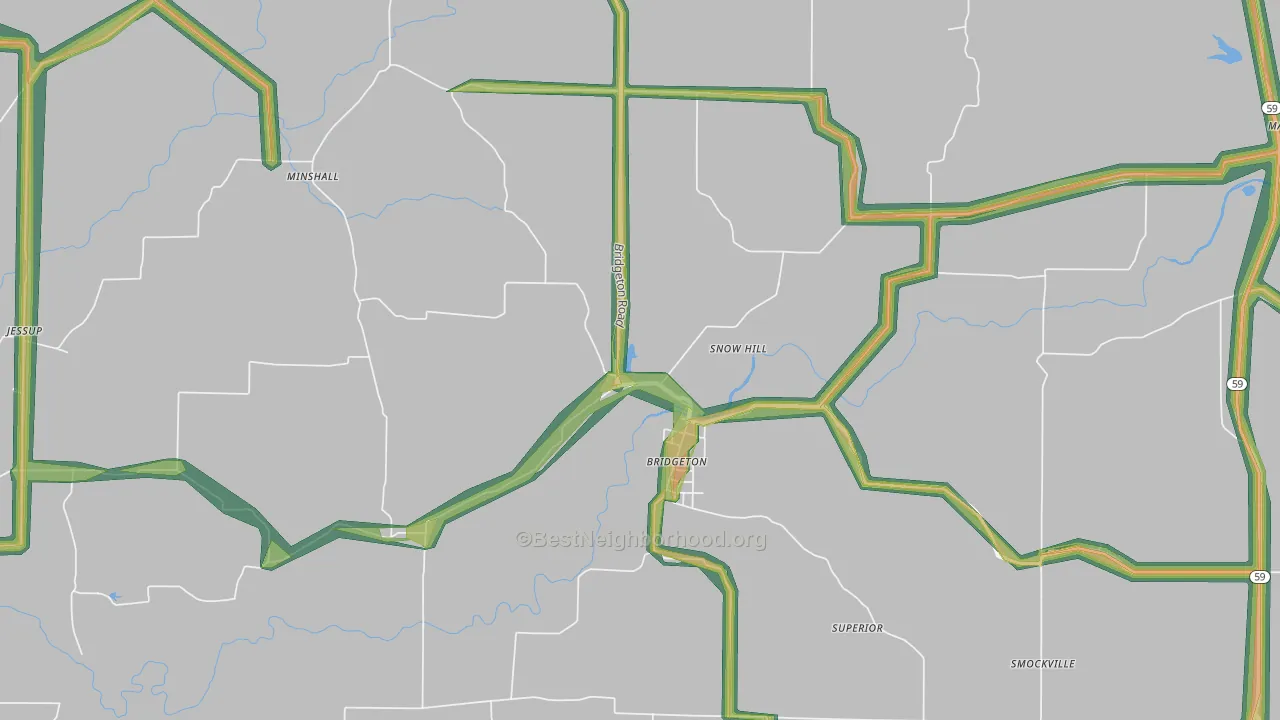 Bridgeton, IN Map of Noise Levels in Bridgeton