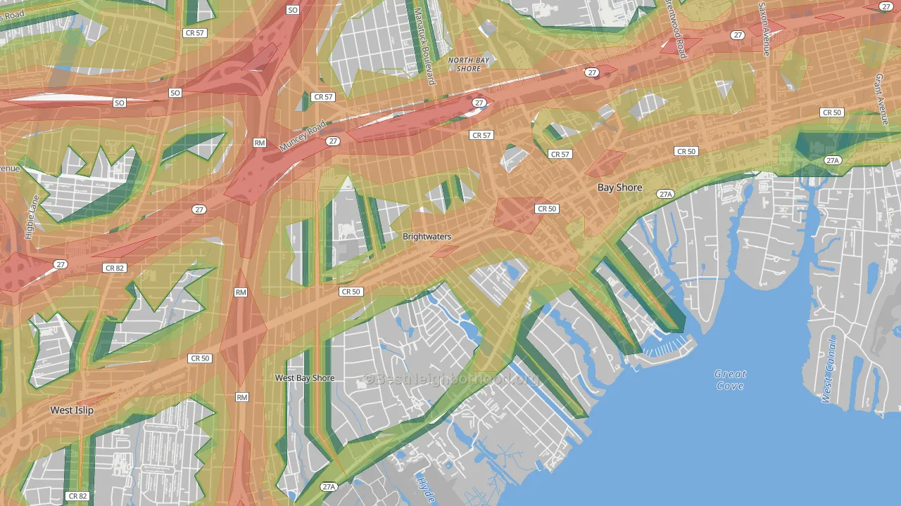 Brightwaters, NY Map of Noise Levels in Brightwaters
