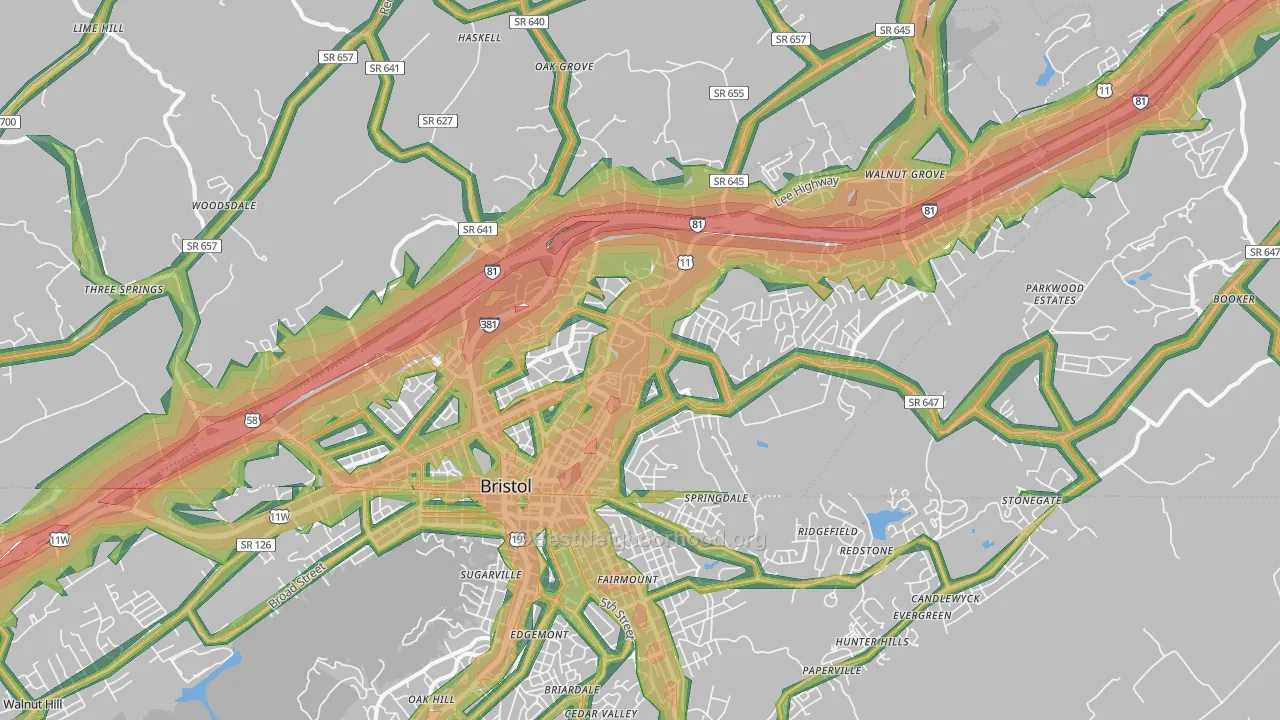 Bristol City, VA Map of Noise Levels in Bristol City