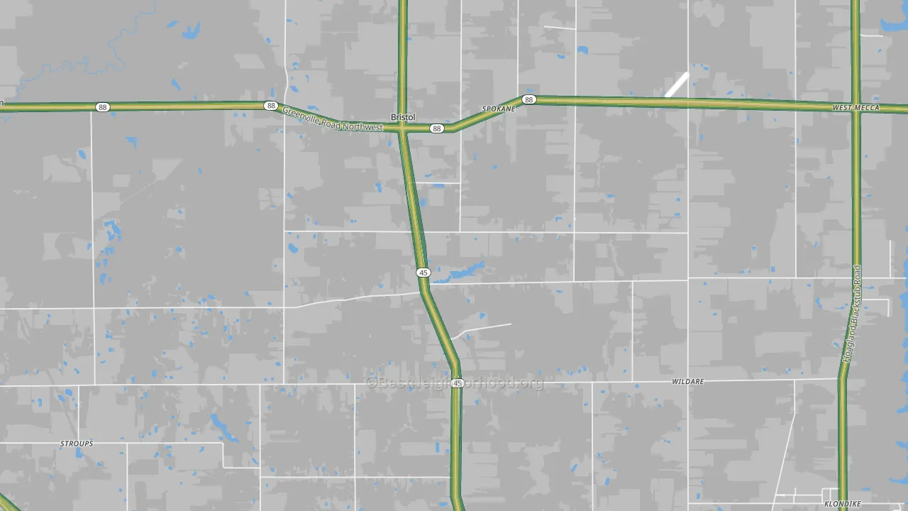Bristolville, OH Map of Noise Levels in Bristolville