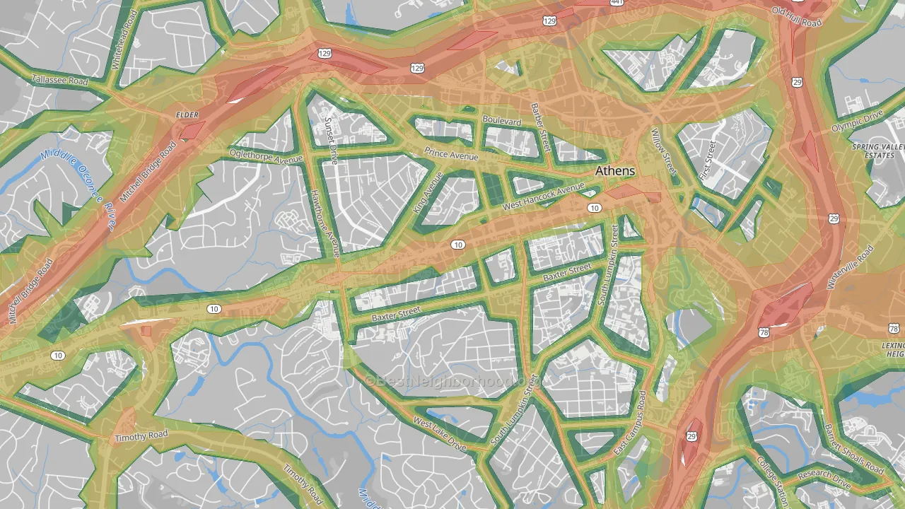 Broadacres Homes, Athens, GA Map of Noise Levels in Broadacres Homes