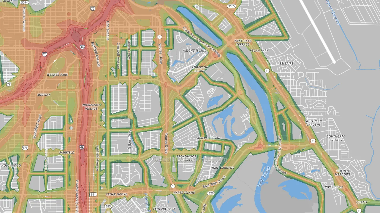Broadmoor-Anderson Isle-Shreve Isle, Shreveport, LA Map of Noise Levels in Broadmoor-Anderson Isle-Shreve Isle