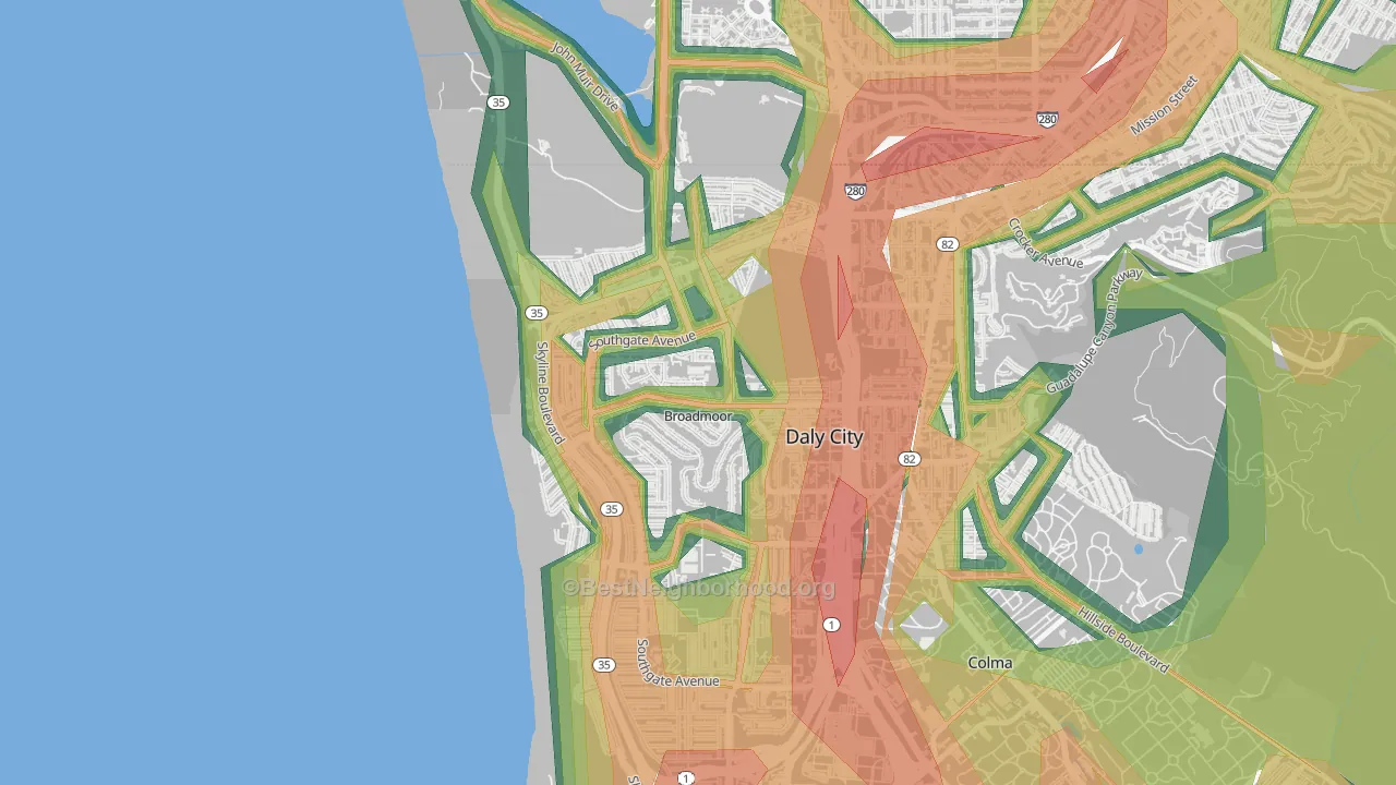 Broadmoor, Daly City, CA Map of Noise Levels in Broadmoor