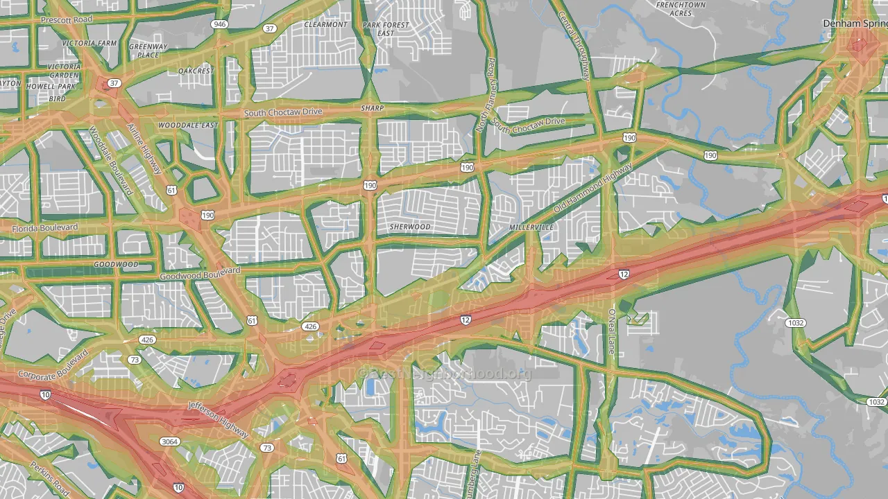 Broadmoor-Sherwood, Baton Rouge, LA Map of Noise Levels in Broadmoor-Sherwood