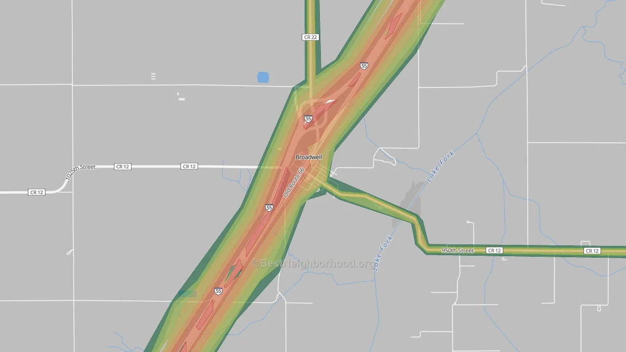 Broadwell, IL Map of Noise Levels in Broadwell