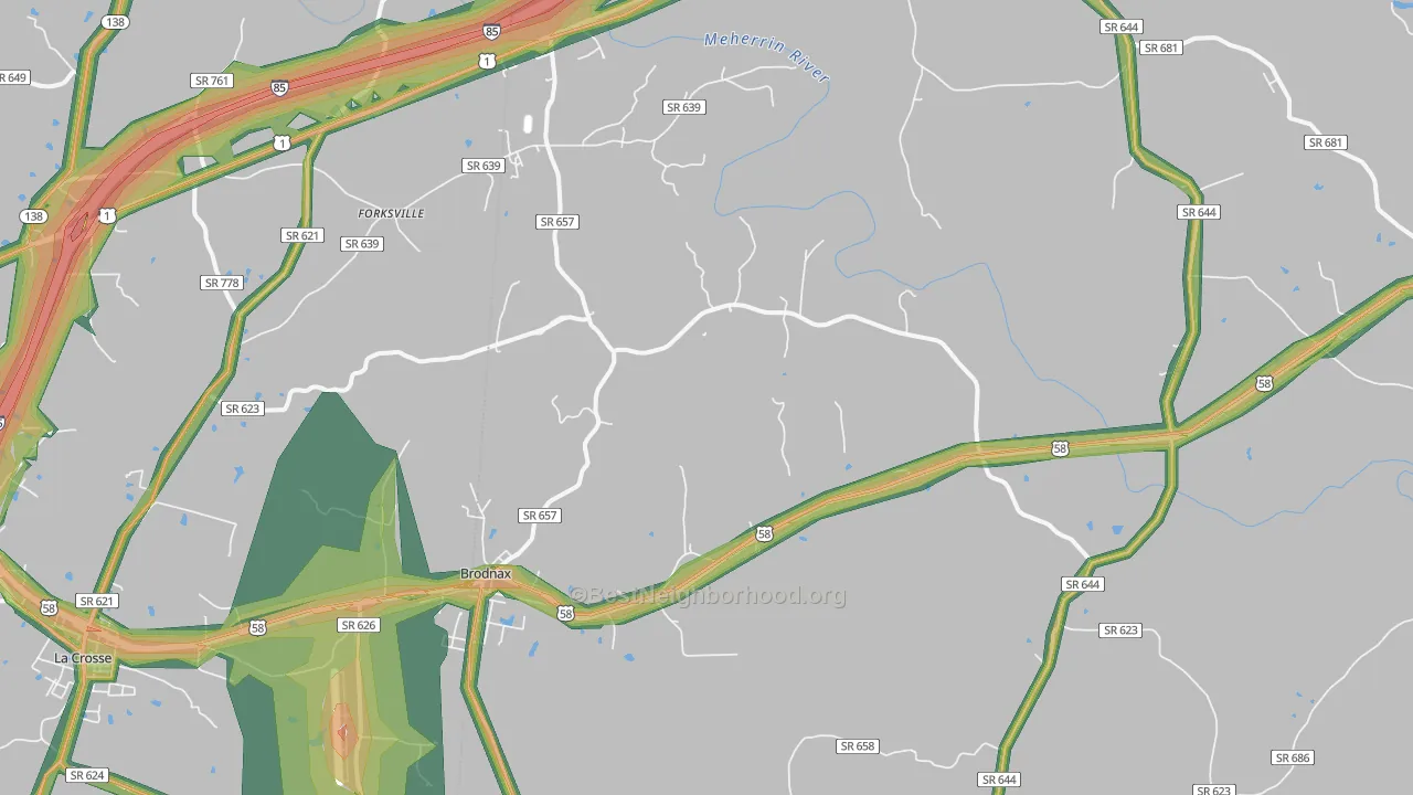 Brodnax, VA Map of Noise Levels in Brodnax