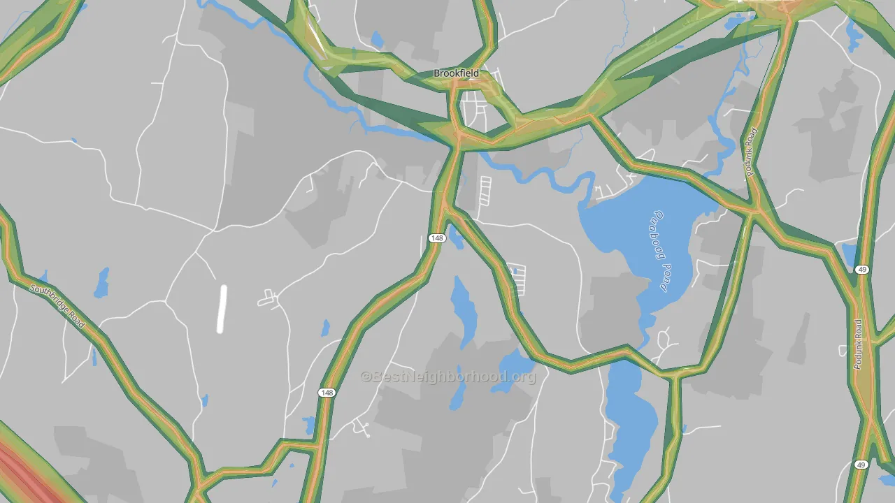 Brookfield, MA Map of Noise Levels in Brookfield