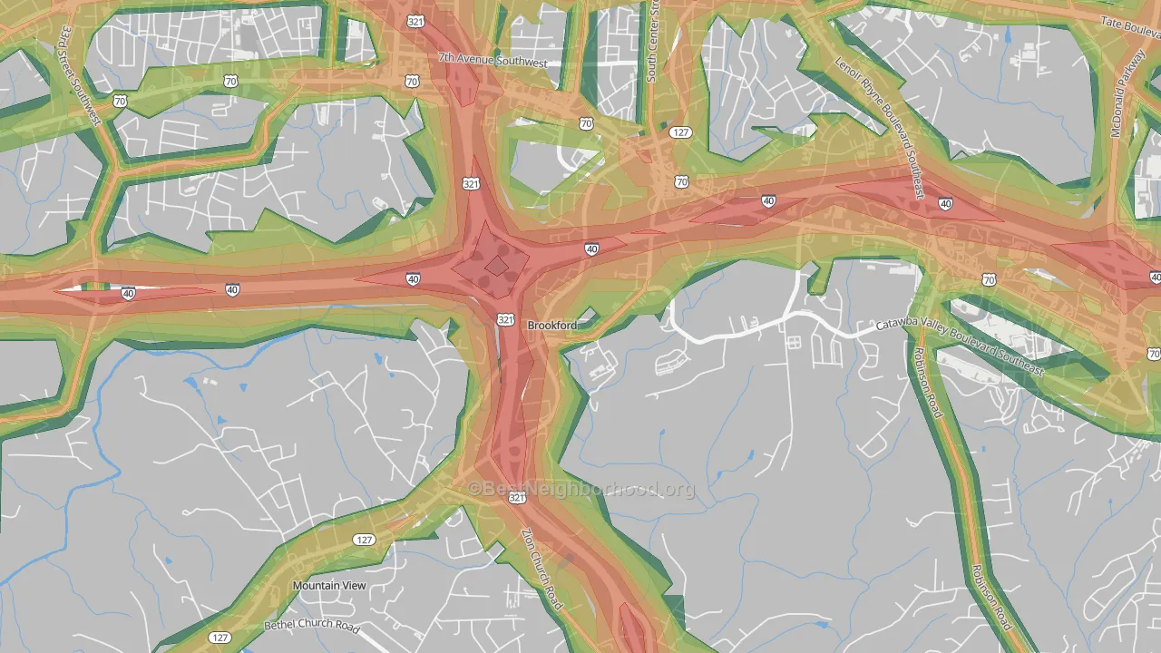 Brookford, NC Map of Noise Levels in Brookford