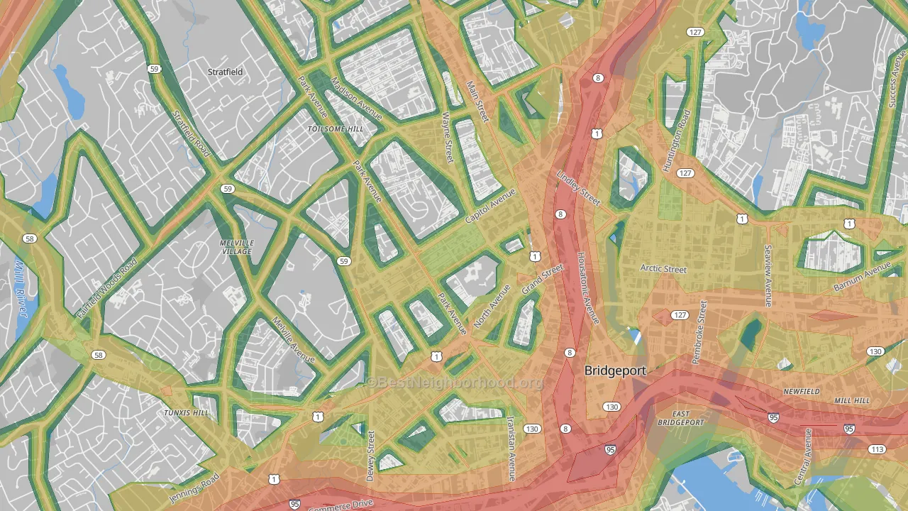 Brooklawn-St. Vincent, Bridgeport, CT Map of Noise Levels in Brooklawn-St. Vincent