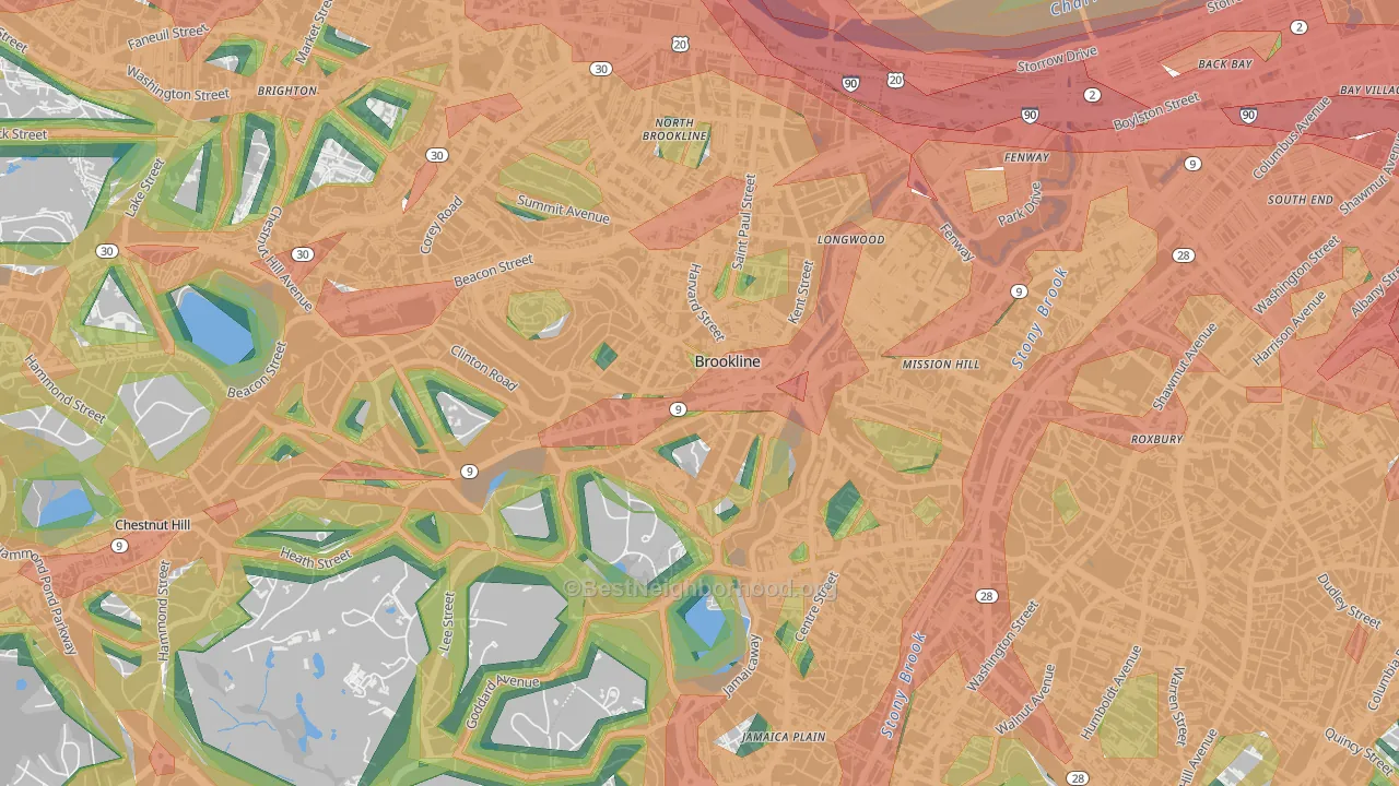Brookline Village, Brookline, MA Map of Noise Levels in Brookline Village
