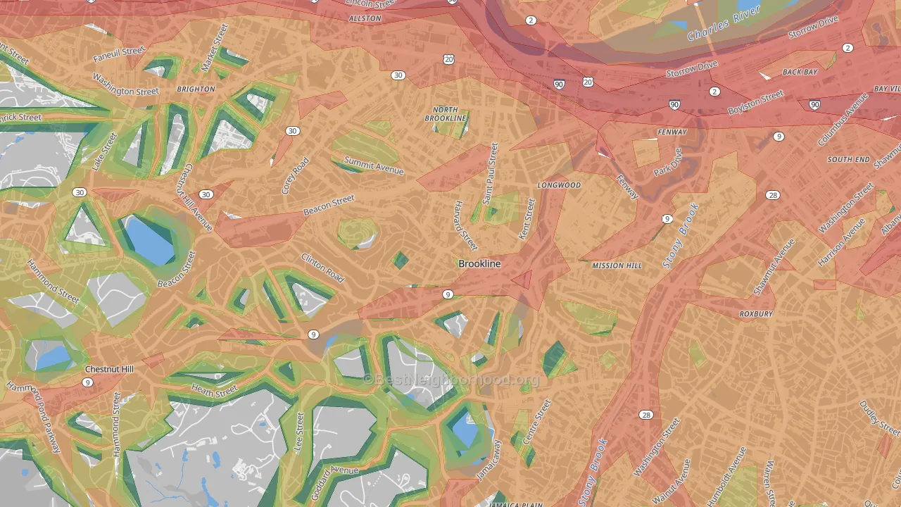 Brookline Village Commercial District, Brookline, MA Map of Noise Levels in Brookline Village Commercial District
