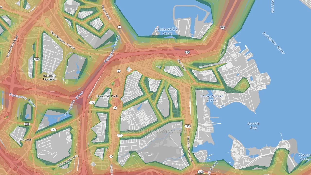 Brooklyn-Curtis Bay, Brooklyn, MD Map of Noise Levels in Brooklyn-Curtis Bay