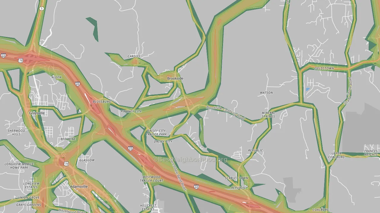 Brookside, AL Map of Noise Levels in Brookside