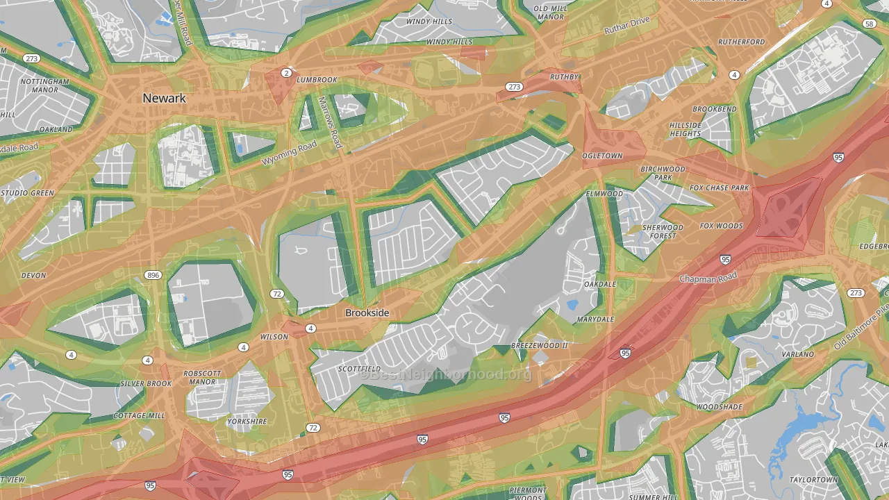 Brookside, DE Map of Noise Levels in Brookside