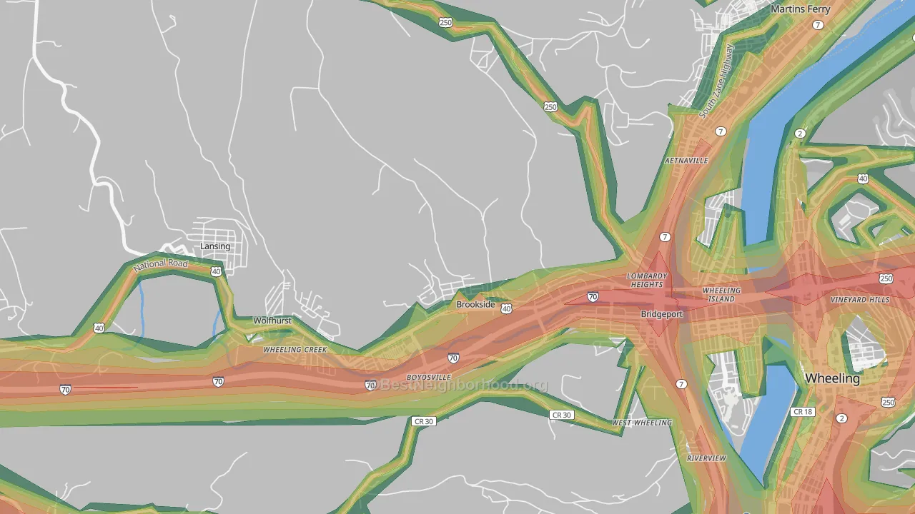 Brookside, OH Map of Noise Levels in Brookside