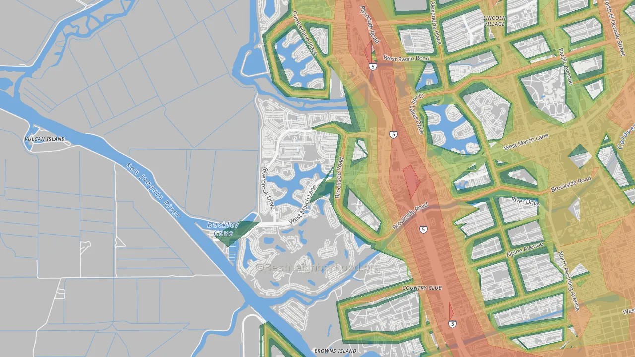 Brookside, Stockton, CA Map of Noise Levels in Brookside