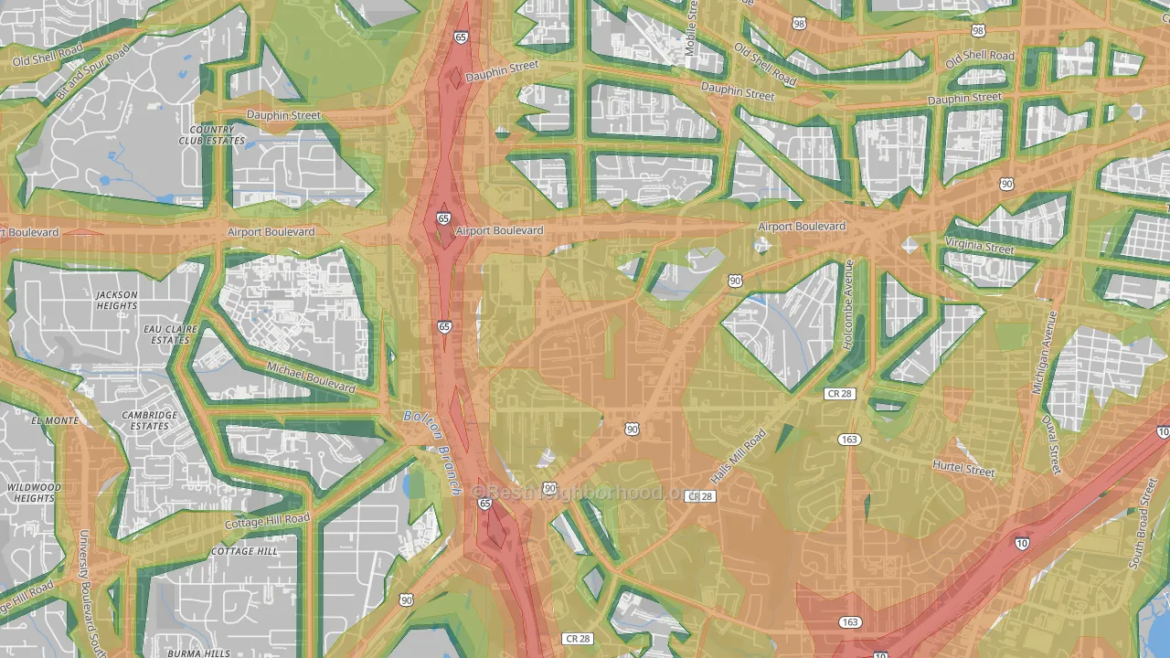 Brookwood, Mobile, AL Map of Noise Levels in Brookwood